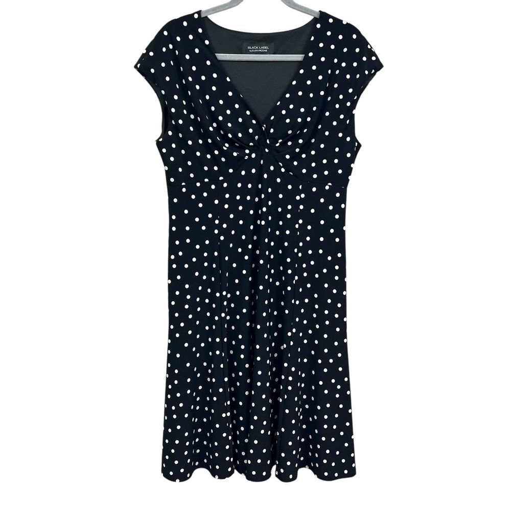 Black Label Evan Picone Women Dress VNeck Polka Dot Cap Sleeve Black Sz 12*